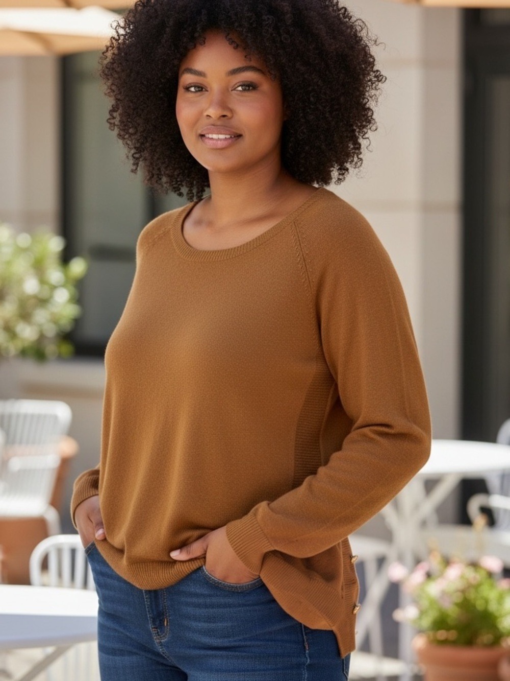 Y2K COPPER SCOOP NECK RELAXED FIT SWEATER W DECORATIVE GOLD TONE BUTTONS TALBOTS